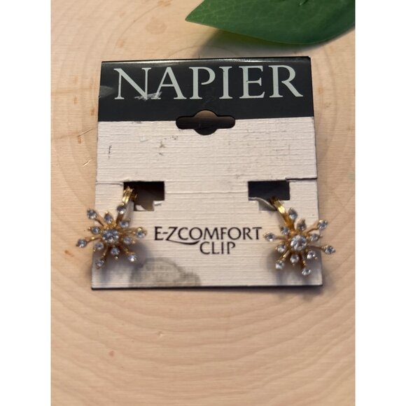 Napier Gold-Tone Snowflake Clip-On Earrings With Clear Crystal Accents - Picture 8 of 10